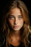a beautiful young woman with long hair and blue eyes generative ai photo