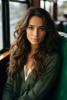 a beautiful young woman with long hair sitting on a bus photo