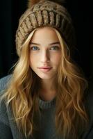 un hermosa joven mujer con largo pelo vistiendo un sombrero generativo ai foto