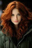 a beautiful young woman with long red hair generative ai photo