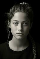 a black and white photo of a girl with braids generative ai