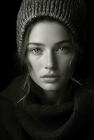 a black and white photo of a woman wearing a beanie generative ai