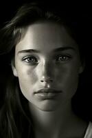 a black and white photo of a woman with freckles generative ai