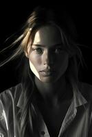 a black and white photo of a woman with long hair generative ai