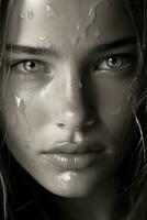 a black and white photo of a woman with wet hair generative ai