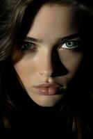 a close up of a womans face in the dark generative ai photo