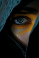 un cerca arriba de un mujeres cara con un amarillo ojo generativo ai foto
