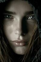 a close up of a womans face with a hood on generative ai photo