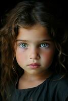 un cerca arriba de un joven niña con verde ojos foto