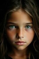 a close up of a young girl with green eyes photo