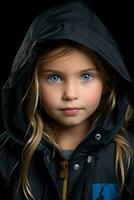 un pequeño niña con azul ojos y un negro chaqueta generativo ai foto