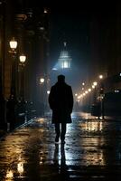 a man walking down a street at night generative ai photo