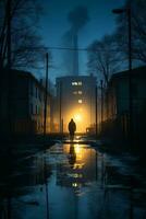 a person walking down a wet street at night with a factory in the background generative ai photo