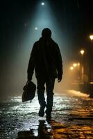 a man walking in the rain at night with a bag generative ai photo