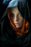 a woman in a black and orange scarf generative ai photo