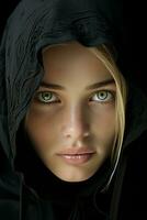 a woman in a black hood with green eyes generative ai photo