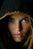 a woman in a black hoodie and yellow jacket generative ai photo