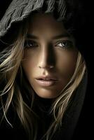 a woman in a black hoodie is looking into the camera generative ai photo