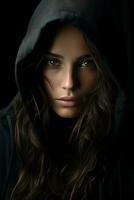 a woman in a black hoodie looking into the camera generative ai photo