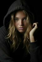 a woman in a black hoodie posing for the camera photo