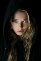 a woman in a black hoodie with blue eyes generative ai photo