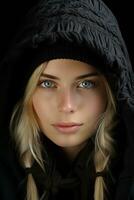 a woman in a black hoodie with blue eyes photo