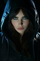 a woman in a black hoodie with blue eyes photo