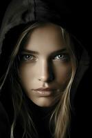 a woman in a black hoodie with blue eyes generative ai photo