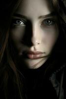 a woman in a black hoodie with blue eyes generative ai photo