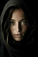 a woman in a black hoodie with green eyes generative ai photo