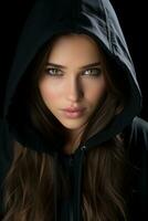 a woman in a black hoodie with green eyes generative ai photo