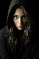 a woman in a black hoodie generative ai photo