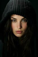 a woman in a black hoodie with green eyes generative ai photo