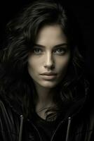 a woman in a black jacket and hoodie looking at the camera generative ai photo