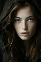 a woman in a black hoodie generative ai photo