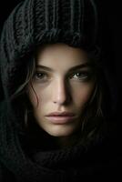a woman in a black sweater and scarf generative ai photo