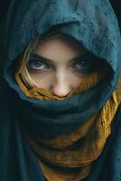 un mujer en un azul y amarillo bufanda cubierta su cara generativo ai foto