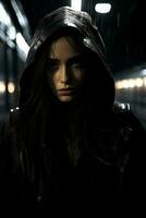 a woman in a hooded jacket standing in the rain photo