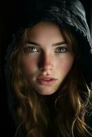 a woman in a hooded jacket looking at the camera generative ai photo