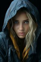 a woman in a hooded jacket with blue eyes generative ai photo