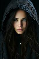 a woman in a hooded jacket with blue eyes generative ai photo