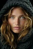 a woman in a hooded jacket with green eyes generative ai photo