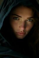 a woman in a hooded robe with green eyes generative ai photo