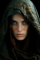 a woman in a hooded robe on a black background generative ai photo
