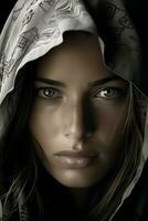 a woman in a hoodie is looking at the camera generative ai photo