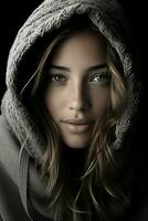 a woman in a hoodie is posing for the camera generative ai photo