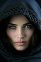 a woman in a hooded robe with green eyes generative ai photo