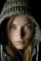 a woman in a hoodie with blue eyes photo