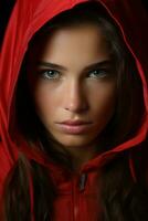 a woman in a red hoodie generative ai photo