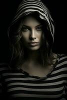 a woman in a striped shirt with a hood over her head generative ai photo